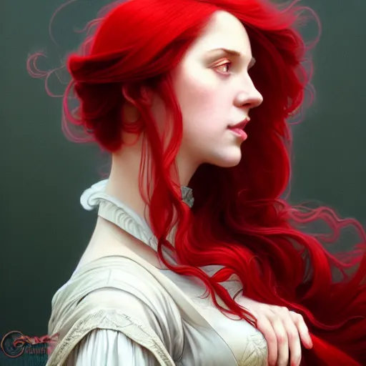 Image similar to long fancy red hair aristocrat, portrait, gentle, solemn face, cloth, female, city background, d & d, fantasy, intricate, elegant, digital painting, red green color palette, artstation, octane render, concept art, matte, sharp focus, illustration, herrarthstone, art by artgerm and greg rutkowski and alphonse mucha