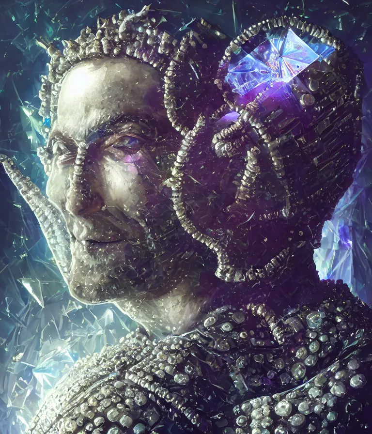 Image similar to front!!! shot of a court jester!!! character, mesmerizing fractal hypercubes, platinum cracked, dark holography!!!, future, metallic galactic, crystalline edges, polygonal, elegant, highly detailed, centered, (((artstation, concept art, jagged, sharp focus, artgerm, Tomasz Alen Kopera, Peter Mohrbacher, donato giancola, Joseph Christian Leyendecker, WLOP, Boris Vallejo))), ((raytracing)), mugshot!!!!!, ugly!!!!!!, octane render, nvidia raytracing demo, octane render, nvidia raytracing demo, octane render, nvidia raytracing demo, 8K, cinematic, masterpiece, fine portrait