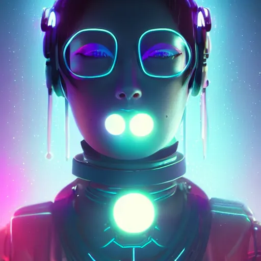 Image similar to cyberpunk concept cool girl cyborg bot, cinema 4 d, galaxy, ufo, space sci - fi, wearing vr goggles, illustration, portrait, pastel neon textured background night, trending on artstation, greg rutkowski, octane rendered, 1 2 k, detailed,