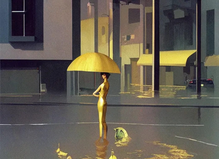 Image similar to futuristic woman with very wide head dressed in transparent gold foil plastic bags with cutouts, on flooded street Edward Hopper and James Gilleard, Zdzislaw Beksinski, highly detailed