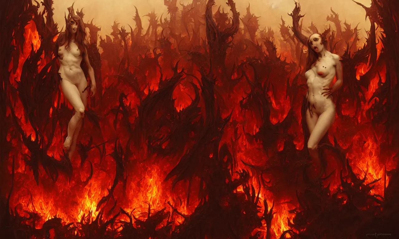 Image similar to Purgatory, fire in hell. A crowd of sinful people is burning in hell in hellfire. The gateway to the infernal underworld. Devils demons and ghouls torment sinful people, highly detailed, digital painting, artstation, concept art, smooth, sharp focus, illustration, art by artgerm and greg rutkowski and alphonse mucha