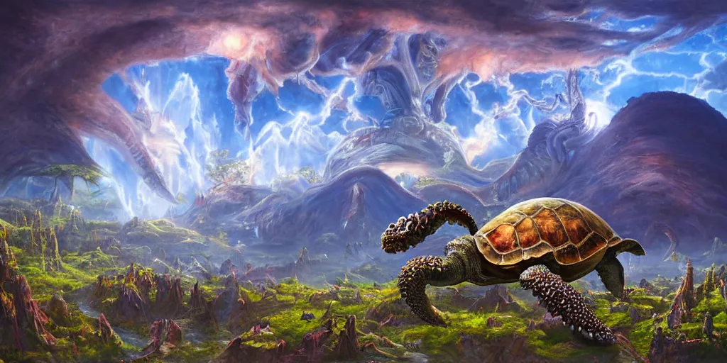 Image similar to fantasy oil painting, great leviathan, cybernetic turtle cephalopod terrapin reptilian pachyderm squid, bella hadid, hybrid, milla jovovich, anubis, epic natural light, lush plants flowers, spectacular mountains, bright clouds, luminous sky, outer worlds, golden hour, michael cheval, edward hopper, michael whelan, vray, hd