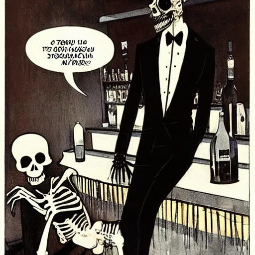 Image similar to a skeleton in a black suit sitting at the bar at the disco club drinking tequila, talking to a beautiful woman in a low cut blouse and a miniskirt, holding a martini, by Basil Gogos and Robert McGinnis