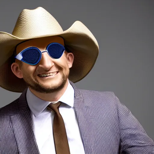 Prompt: Tim Robinson wearing a cowboy hat and eye mask disguise