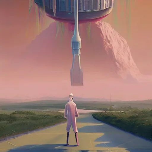 Image similar to a painting of a person standing on a road, concept art by chris labrooy, cgsociety, retrofuturism, sci - fi, concept art, futuristic