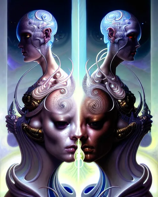 Image similar to a portrait of gemini light and dark fantasy character portrait made of fractals facing each other, ultra realistic, wide angle, intricate details, the fifth element artifacts, highly detailed by peter mohrbacher, hajime sorayama, wayne barlowe, boris vallejo, aaron horkey, gaston bussiere, craig mullins