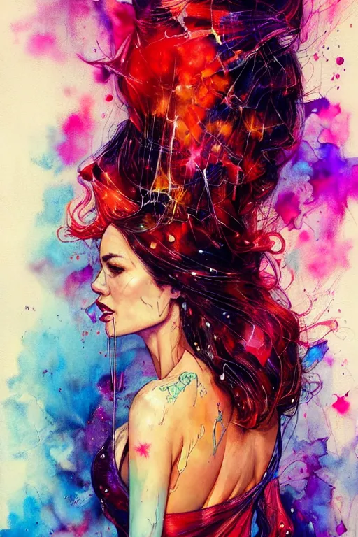 Prompt: sophia vergara by patrice murciano and agnes cecile and enki bilal moebius, intricated details, 3 / 4 back view, bendover posture, full body portrait, extremely luminous bright design, pastel colours, drips, autumn lights