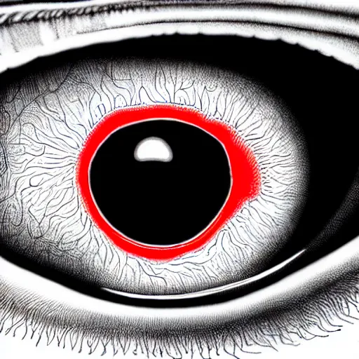 Image similar to a detailed extremely close up of inside the iris, cornea, red image, microscopic, extremely close up drawing by junji ito, cgsociety, generative art, lovecraftian, parallax, cosmic horror, extremely detailed, hyperrealism, unreal engine, octane render, award winning, masterpiece, highly detailed, realistic, 4 k, digital