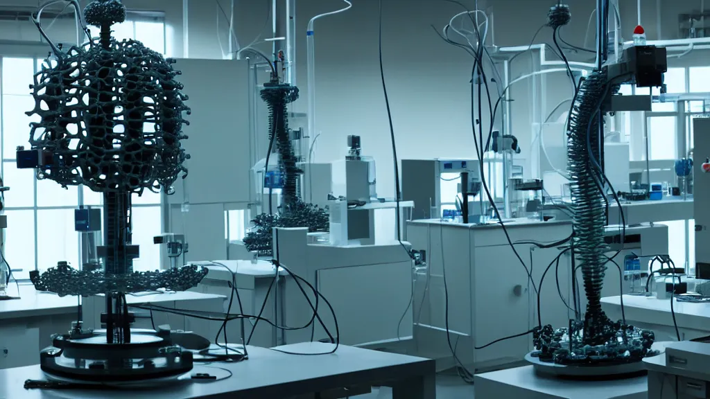 Image similar to a octoidal mri 3 d printer machine and control panels in the laboratory inspection room making organic forms, film still from the movie directed by denis villeneuve with art direction by salvador dali, wide lens