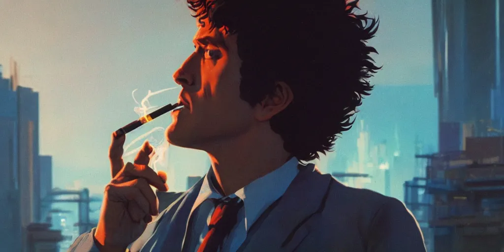 Prompt: portrait of spike spiegel in bliss smoking cigarette with a 4k cyberpunk western world landscape