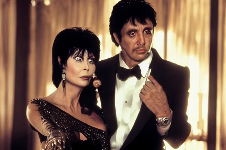 Prompt: morning light, highly detailed portrait of tony montana with elvira in his luxurious houseis atmospheric lighting, masterpiece, award winning by Emmanuel Lubezki