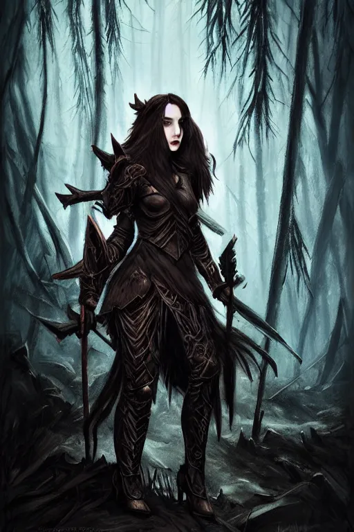 Image similar to dramatic dark forest scenery, girl with sharp fangs in hide leather armor, high fantasy concept art, poster