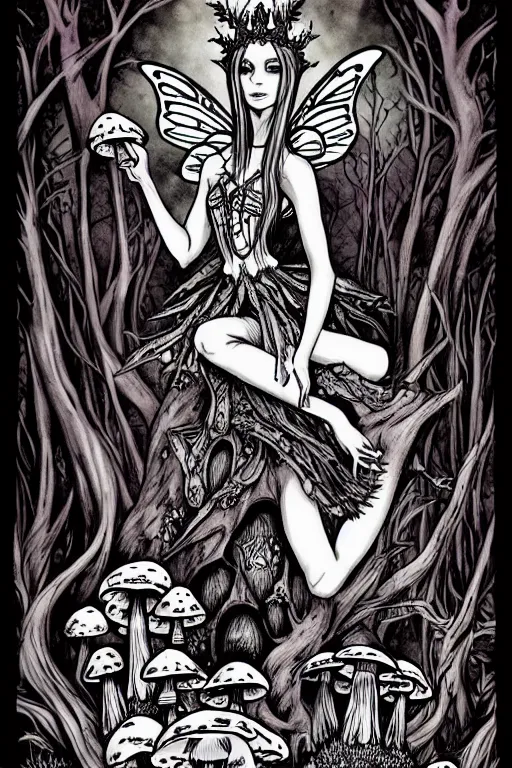 Prompt: a gothic fairy sitting on a toadstool in a forest, skulls and mushrooms, fantasy graphic novel style, by wendy pini, intricate, very fine inking lines, extremely detailed, 4k, hd