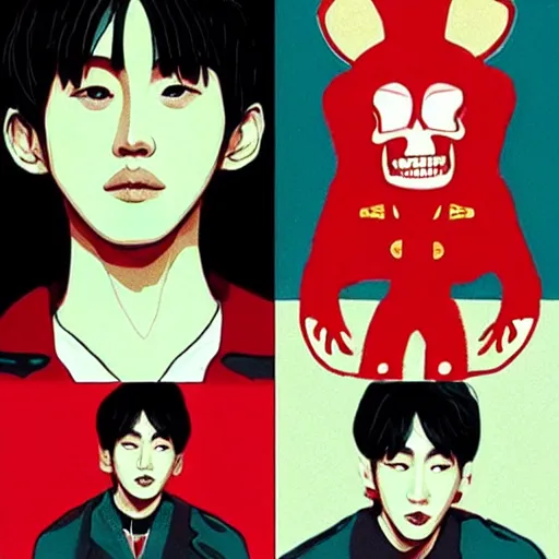 Prompt: kim kibum from shinee using a skeleton key to unlock his red front door, in the art style of alex gross