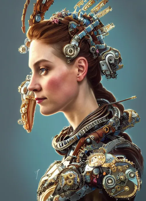 Prompt: portrait of a princess victoria of sweden, robot steampunk, floral! horizon zero dawn machine, intricate, elegant, highly detailed, ray tracing, digital painting, artstation, concept art, smooth, sharp focus, illustration, art by artgerm and greg rutkowski and alphonse mucha, 8 k