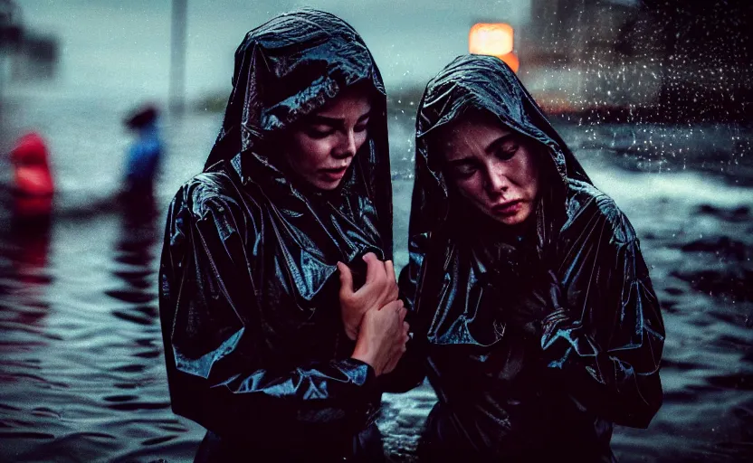 Image similar to cinestill 5 0 d candid photographic portrait by steve mccurry of two loving female androids sobbing wearing rugged black mesh techwear in treacherous waters, flooded city, medium closeup, retrofuturism cyberpunk moody emotional cinematic, pouring iridescent rain bright spotlight helicopter, 8 k, hd, high resolution, 3 5 mm, f / 3 2, ultra realistic faces, ex machina