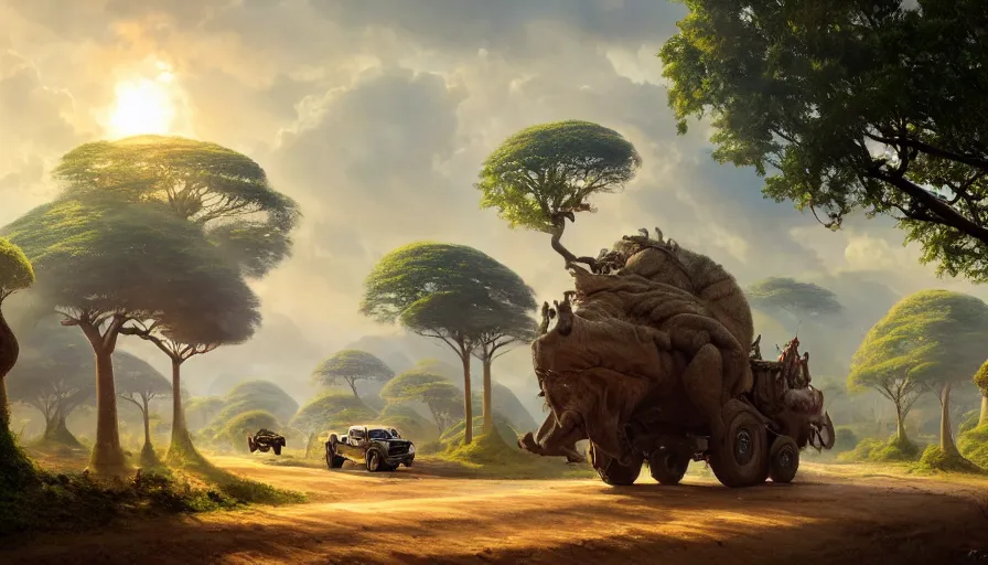 Image similar to mahindra that driving through madagascar road with baobabs trees, animals running along, artgerm and greg rutkowski and alphonse mucha, an epic fantasy, volumetric light, detailed, establishing shot, an epic fantasy, trending on art station, octane render, midsommar