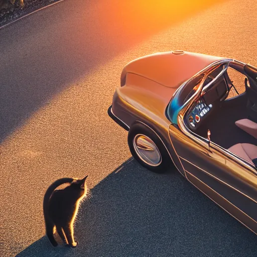 Image similar to top view of cabriolet, cat behind steering wheel looking happy, golden hour