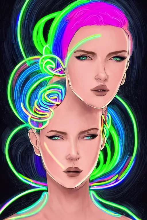 Image similar to a award winning portrait of a beautiful woman with stunning eyes in a one off shoulder croptop and cargo pants with rainbow colored hair, outlined by whirling illuminated neon lines and fine lines swirling in circles by ossdraws, digital art, trending on artstation