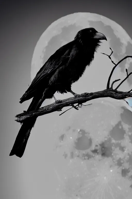 Image similar to close up portrait of a crow on a tree in front of the full big moon, vector graphic, clear lines, intricate, portrait, 8k highly professionally detailed, HDR, CGsociety