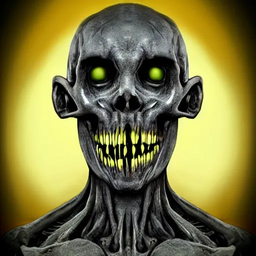 Image similar to crooked teeth, black eyes, gaping mouth, alien looking, skull like, big forehead, horrifying, killer, creepy, dead, monster, tall, incredibly skinny, open mouth, deathly, old photo, turning yellow