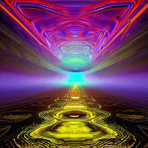 Image similar to a glitch in the metaverse, rasing of consciousness, dilated pupil, psychedelic path to the unknown, glitchart, unreal engine