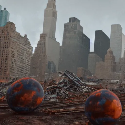 Image similar to cinematic still of giant rusty ball destroyed new york, post apocalyptic