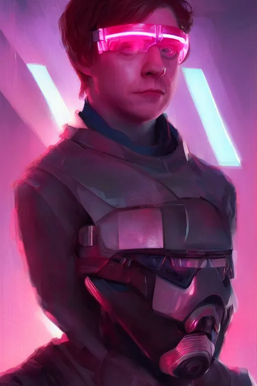 Image similar to portrait of Rupert Grint as Ron Wisly with visor in cyberpunk, neon lighting, night city, digital art from artstation by Ruan Jia and Mandy Jurgens and Artgerm and william-adolphe bouguereau and Greg Rutkowski