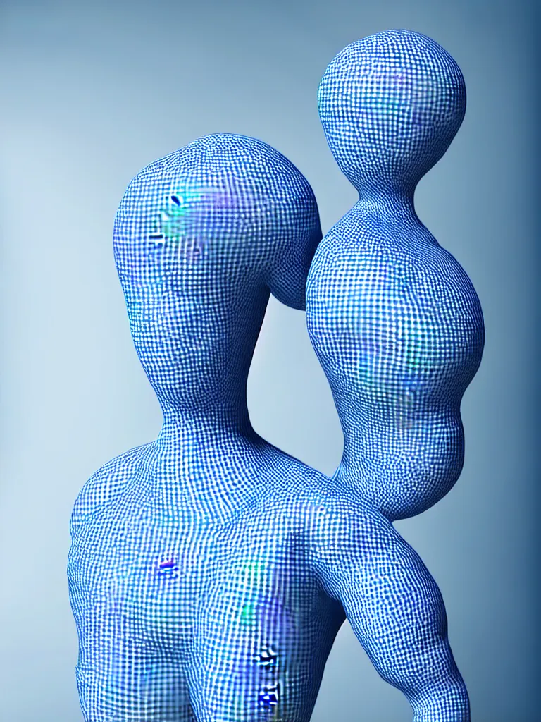 Prompt: a fine art photograph formal self sculpture by the artist kelbv, in distinct hyper realistic style with tubes neatly navigating the contours of his body, and fragmented body littered with light blue and white gingham spheroids, perfect bright studio lighting.