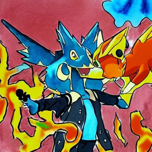 Prompt: Travis Scott as a pokemon trainer with a charizard, watercolor, trippy, colorful