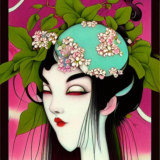 Prompt: digital painting of an pastle goth geisha by terese nielsen, mark ryden, amy sol in the style of, vintage shoujo, fantastic planet, 6 0 s poster art, minimalist poster art, flowers, stipple art, artgerm