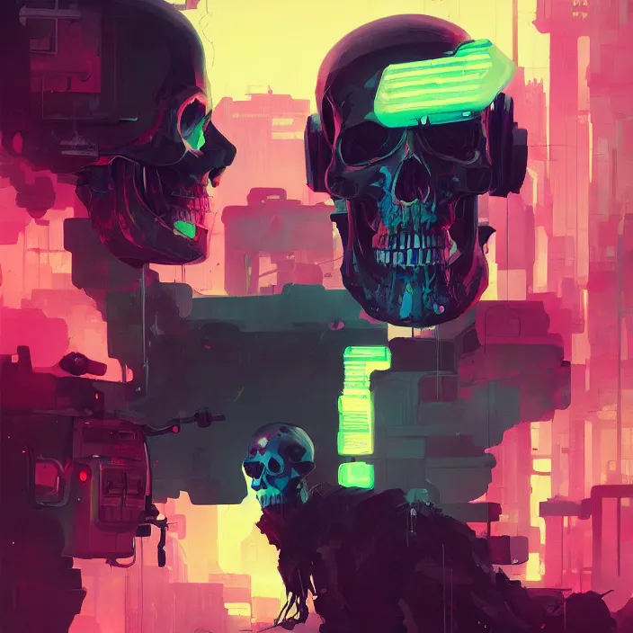 Image similar to a colorful comic noir illustration painting of a cyberpunk skull by sachin teng and sergey kolesov and ruan jia and heng z. hyper detailed. octane render. trending on artstation