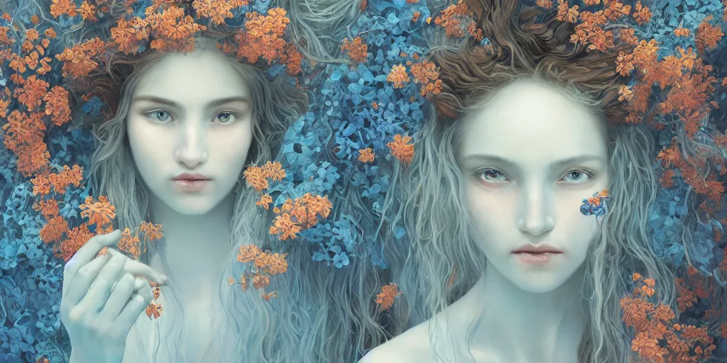 Image similar to breathtaking detailed concept art painting portrait of two hugs goddess of light blue flowers, carroty hair, orthodox saint, with anxious piercing eyes, ornate background, amalgamation of leaves and flowers, by hsiao - ron cheng, extremely moody lighting, 8 k