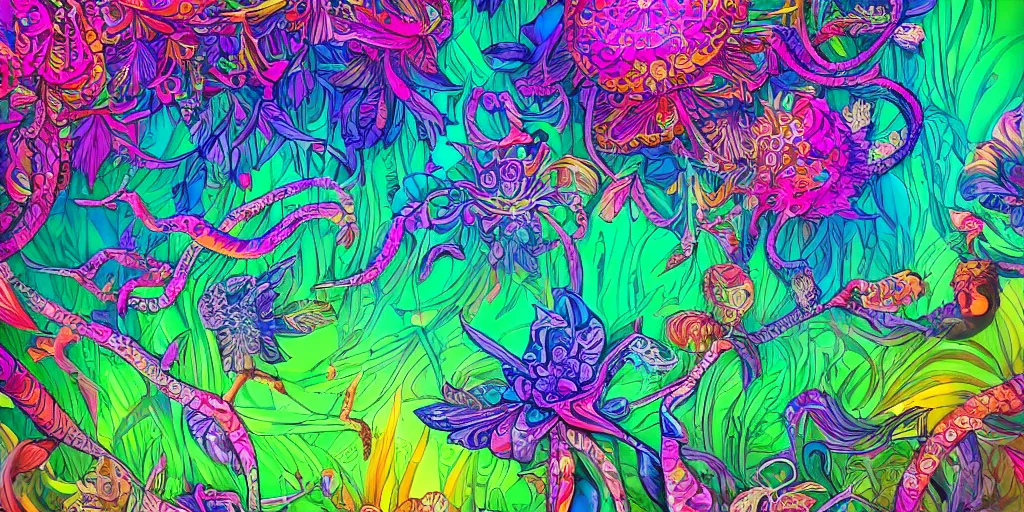 Prompt: 8k detailed psychedelic abstract illustration a exotic garden with neon flowers, detailed, intricate, elegant, highly detailed, digital painting, artstation, smooth, sharp focus