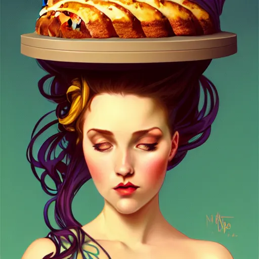 Image similar to curvy woman with a bundt cake on her head, digital art, cinematic, concept art, 8k, painting, imaginefx, cgsociety, art nouveau, Alphonse Mucha, trending on artstation, medium shot, head shot