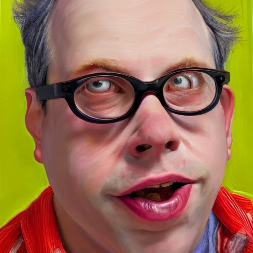 Image similar to high quality high detail painting of todd solondz portrait, happy, showing strong content, pleasure, or fun ; full of joy, by lucian freud and francis bacon, hd, photorealistic lighting