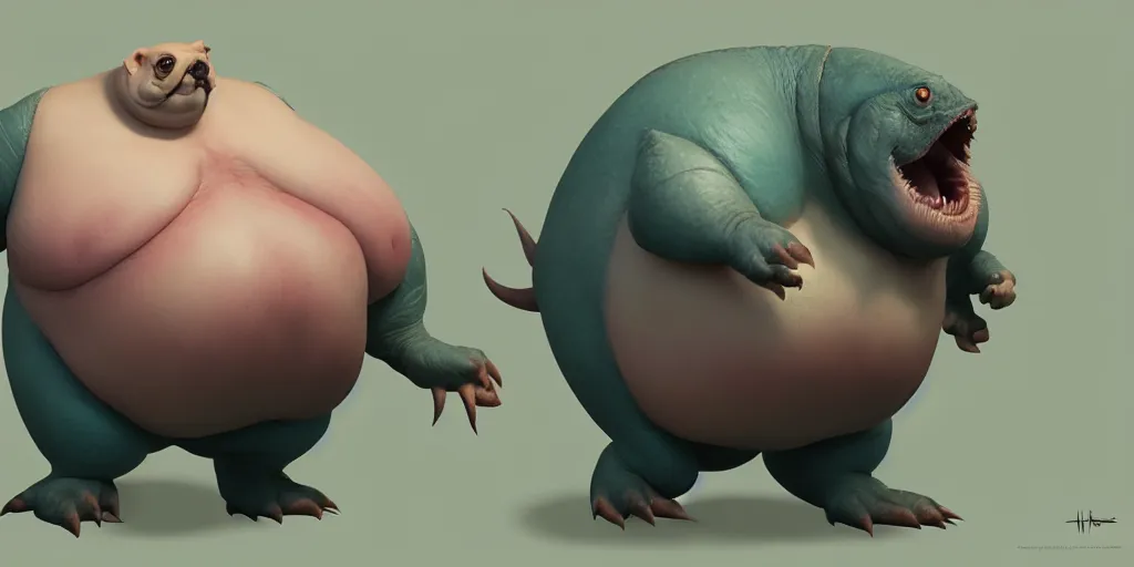 Image similar to a cute fatty pet by neville page, ken barthelmey, carlos huante and doug chiang, sharp focus, trending on artstation, hyper realism, octane render, 8 k, hyper detailed, ultra detailed, highly detailed, zbrush, concept art, creature design