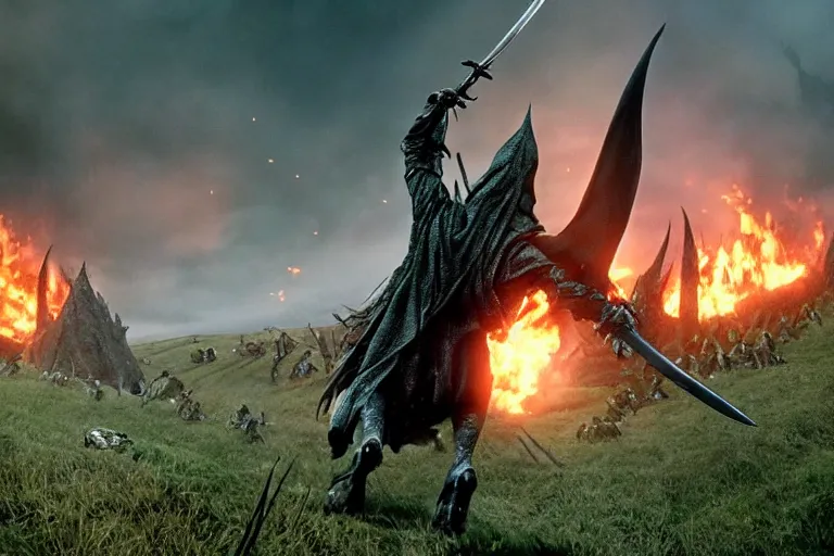 Image similar to film still of 3 Nazgûl, swords drawn, chasing hobbits through the shire as it burns, epic composition, intricately detailed, physically based render, screenshot from Lord of the Rings