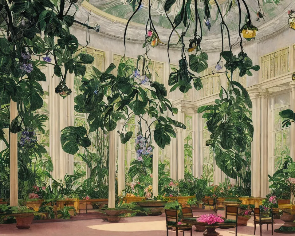 Prompt: an achingly beautiful print of the interior of a beaux arts botanic garden, featuring marble fountains, blooming tropical flowers, hanging Tiffany chandeliers, and classical antiquities by Raphael, Hopper, and Rene Magritte. detailed, romantic, enchanting, trending on artstation.