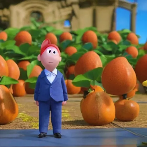 Prompt: men with pikmin heads wearing suits in james and the giant peach