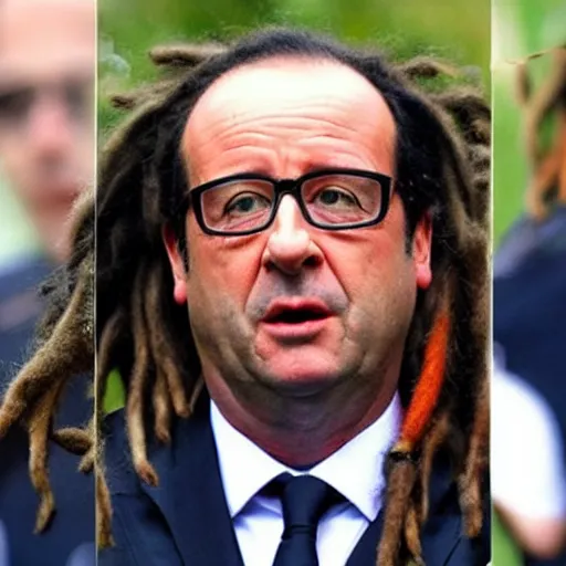 Prompt: a photo of François Hollande with dreadlocks smoking a joint, lots of dreadlocks on the head, short dreadlocks with beads