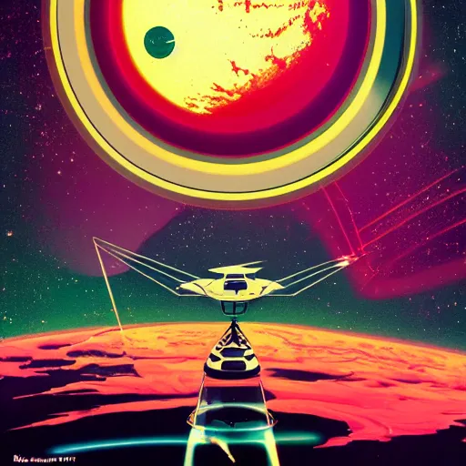 Prompt: sci - fi retrowave pulp art of a spaceship orbiting earth