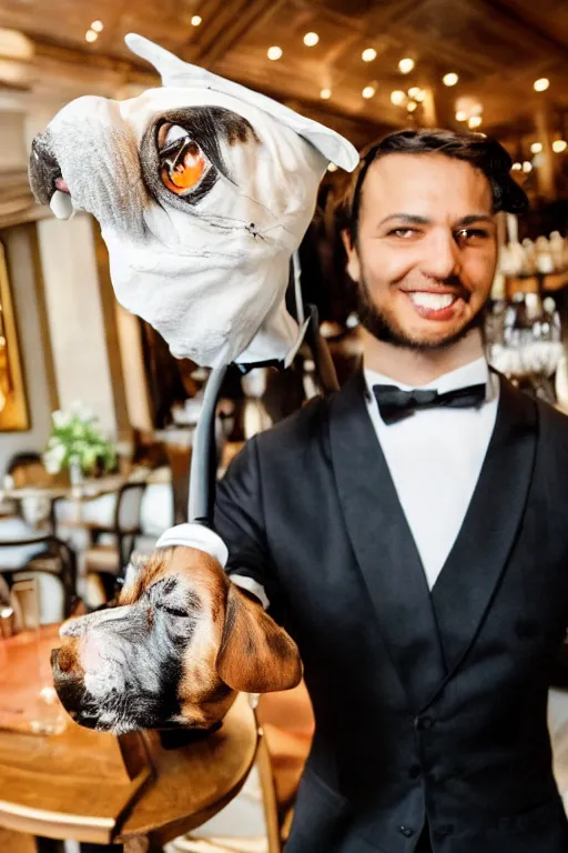 Image similar to a dog - headed waiter at the reception of a fancy restaurant