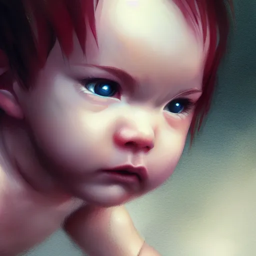 Prompt: newborn anime baby with muscles, highly detailed, muscular, very young face, strong, rain background, digital art, pixiv fanbox, artstation, by greg rutkowski, wlop