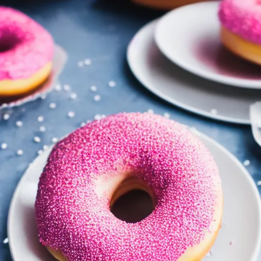 Prompt: a close up photo of a delicious looking pink frosted donut with sprinkles on a plate, high quality, hd, food photography