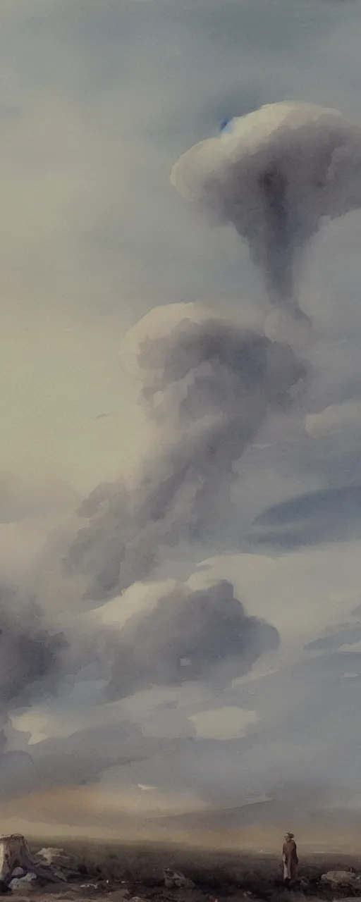 Prompt: a beautiful watercolor painting of a white landscape in the style of paul sandby and antonio guidotti, an angel standing still, ten indistinct human figures standing still, ash falling from the sky, in the horizon a gigantic mushroom cloud, 8 k, trending on artstation, pastel color scheme