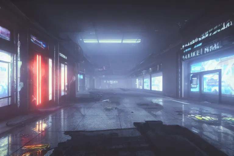 Image similar to first person view with a gun of a abandoned cyberpunk shopping mall, cinematic lightning, ray tracing, unreal engine, photorealistic fps game concept art, detailed, dark, moody, foggy