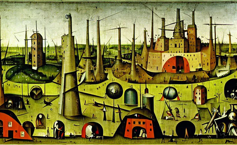 Image similar to geometric painting of industrial buildings surrounded by undergrowth by hieronymus bosch