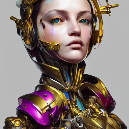 Image similar to studio portrait of lawful good colorful female holy mecha paladin absurdly beautiful, elegant, young sensual graceful woman, ultrafine hyperrealistic detailed face illustration by kim jung gi, irakli nadar, intricate linework, sharp focus, bright colors, matte, octopath traveler, final fantasy, unreal engine highly rendered, global illumination, radiant light, intricate environment