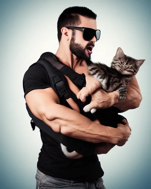 Prompt: badass muscular man wearing baby sling on the back with yawning kitten in it without baby, sunglasses, studio portrait, golden ratio, backlit